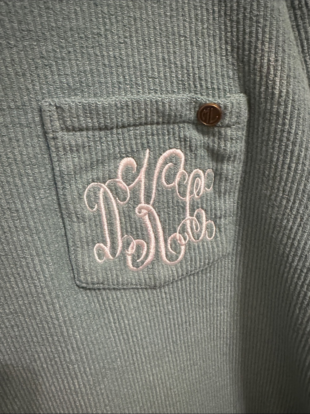Women’s Marleylilly Pocket Crewneck Sweater - Sage Green, HAS MONOGRAM- “DKC” - Picture 3 of 6